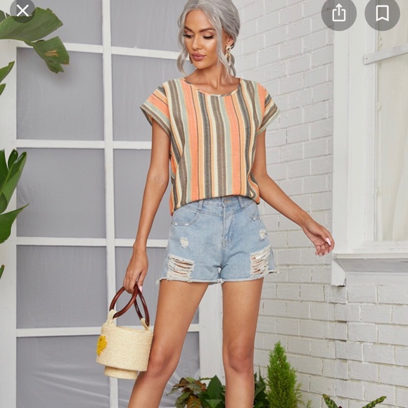 A NEW DAY LINEN STRIPED TUNIC TOP SUMMER STRIPED CROPPED TOP - Picture 1 of 13